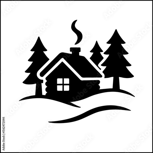 Cabin in snowy forest silhouette icon