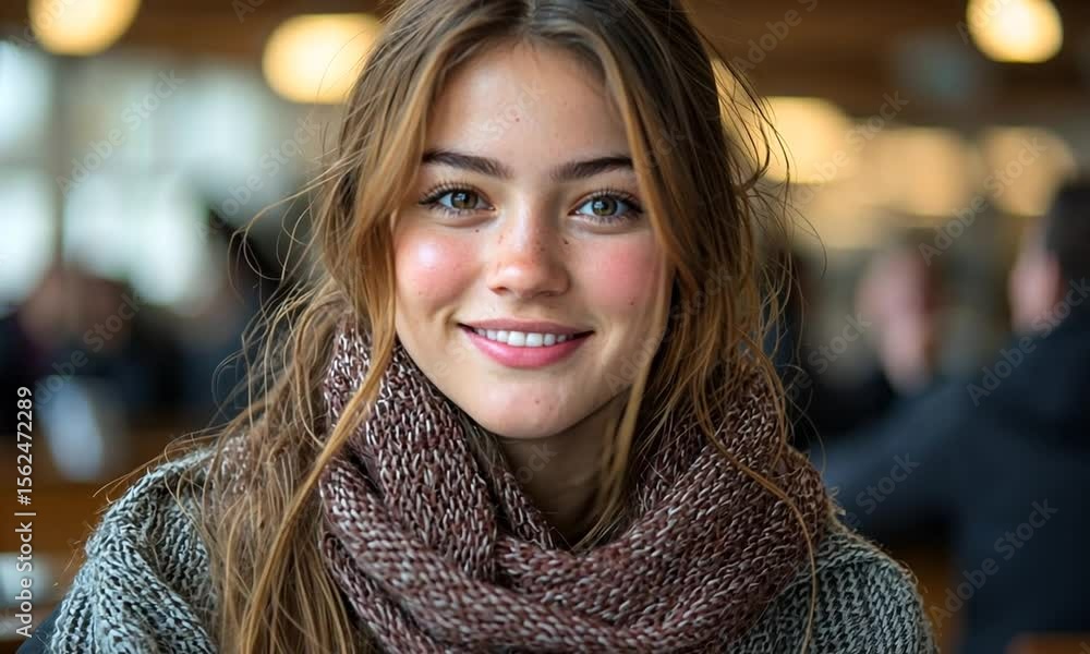 A young woman with freckles, smiling with a cozy scarf, indoors with blurred background. A young woman with freckles, smiling with a cozy scarf, indoors with blurred background.