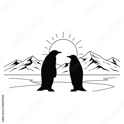 Two penguins stand facing each other in a snowy landscape with mountains and sun silhouette