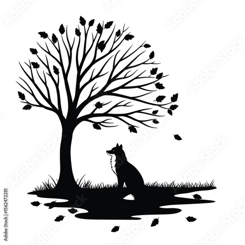 A lone fox sits patiently under a bare tree with falling leaves silhouette