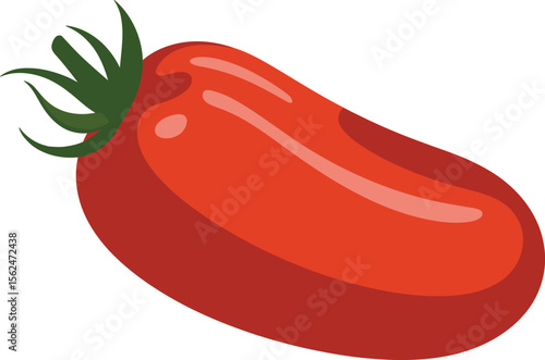Oblong Roma Tomato with Stem and Leaves Still Attached, Depicting a Cartoon Vector Image of the Fresh Vegetable Vector Illustration