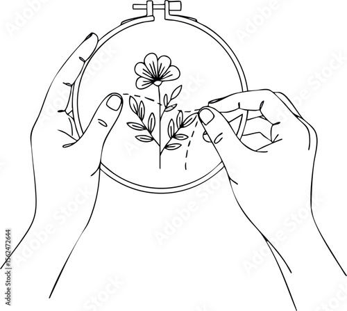 Hands Embroidering Flower Design in Hoop Vector Illustration Craft Hobby Art 