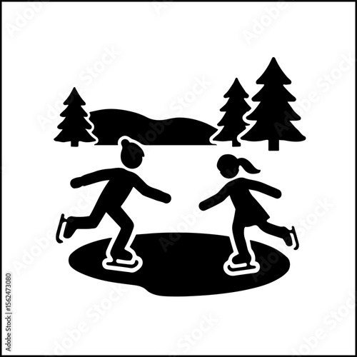Frozen lake with skaters silhouette icon