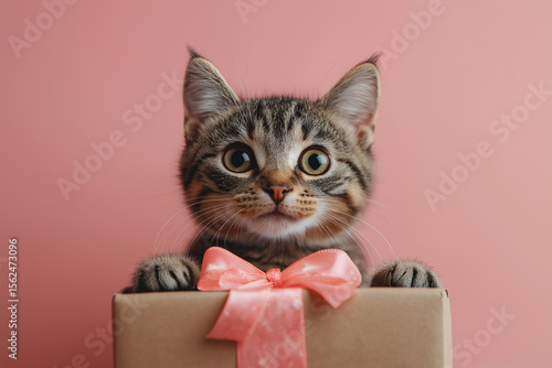 Tabby kitten with a cute bow sits inside a gift box, delightful feline surprise.