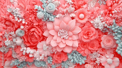 Wallpaper Mural A vibrant arrangement of decorative flowers in shades of coral and aqua, perfect for themes related to beauty, nature, or celebration, Suitable for invitations, wallpapers, or artistic projects, Torontodigital.ca