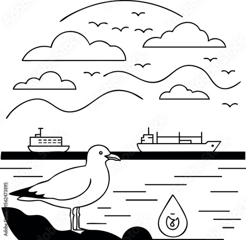 Seagull by ocean with ships birds and clouds simple line art vector illustration 