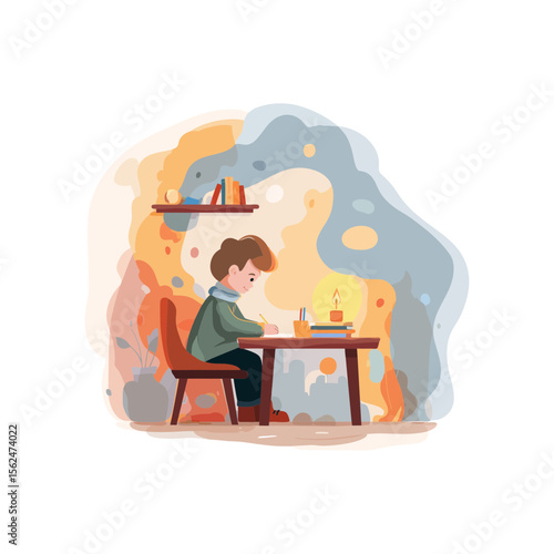 Young boy writing by candlelight on winter evening at cozy desk, warm-toned flat vector doodle style illustration for children’s storybooks, education blogs or seasonal learning printables