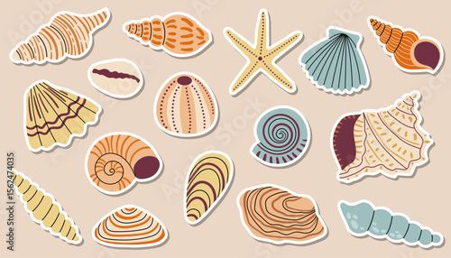 Collection of seashell and starfish stickers in cartoon flat style.