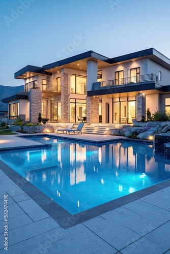 Luxury modern house with illuminated pool and sleek architecture at twilight in upscale neighborhood