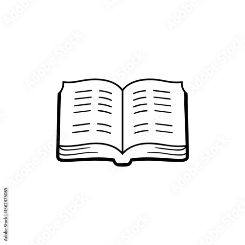 An open book, pages spread, invites you to explore the realm of information and imagination, depicted in a clean line drawing. 