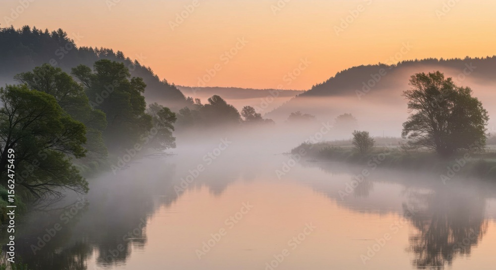 Fototapeta premium Foggy morning river valley surrounded by green hills, evoking calm and tranquility.