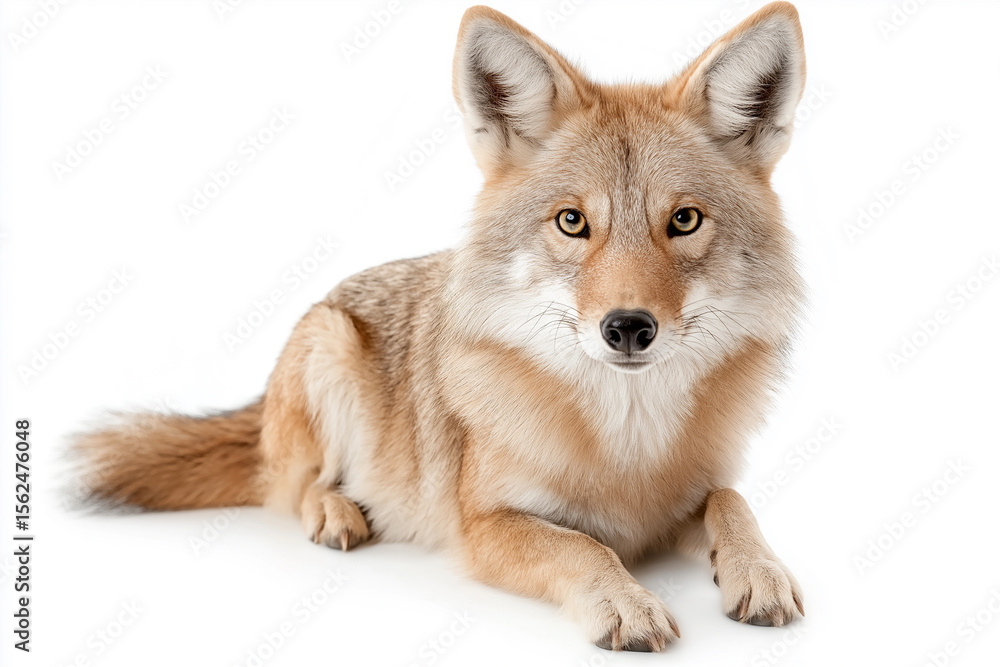 Fototapeta premium Wildlife photo of a coyote resting with alert ears and fur in a natural outdoor setting.