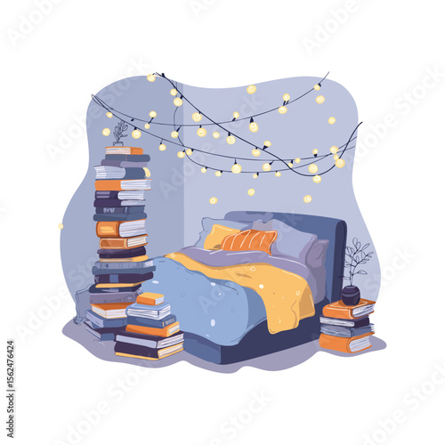 Cozy bedroom with fairy lights and stacked books in colorful whimsical doodle style SVG on transparent background for bookworm decor, sleepwear branding, or bedtime reading blog