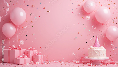 Blush Pink Birthday Background with Balloons, Gifts, and Frosted Cake