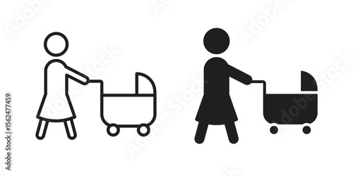 Woman with Baby Stroller icon Black and White Vector Graphic