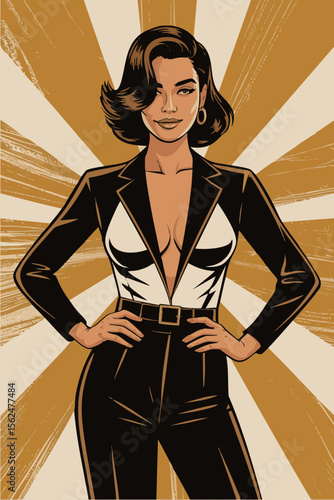 Confident Woman in Power Suit with Retro Background