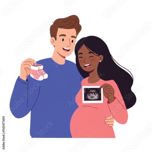 Expecting couple lovingly holds baby shoes and an ultrasound graphic, ideal for parenthood and family themes, symbolizing joy and anticipation.