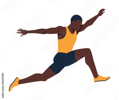 Athlete performing triple jump in a dynamic pose with bold athletic attire