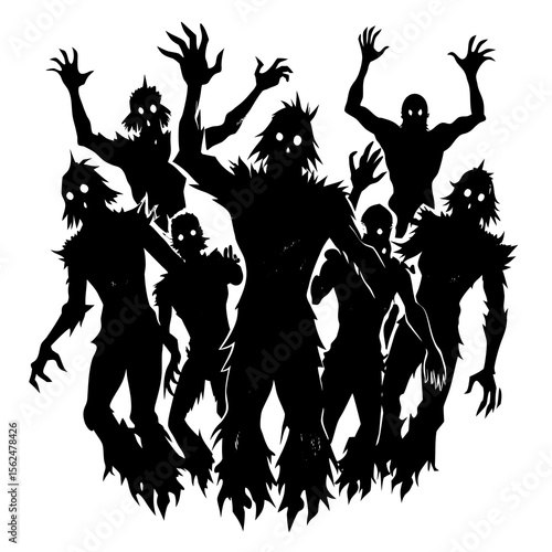 Zombie Horde Silhouette: A haunting silhouette of a zombie horde against a stark background, their clawed hands reaching out in a terrifying tableau of the undead.