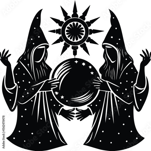 Mystery of the Mystic Seers: Two cloaked figures, cloaked in darkness and wonder, convene to gaze upon a crystal sphere, revealing a celestial design