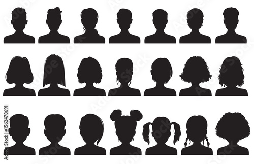 Male, female avatar profile silhouette, man and woman faces and heads. Vector user portrait or person avatar silhouette of girl and boy, social media people avatar default black picture