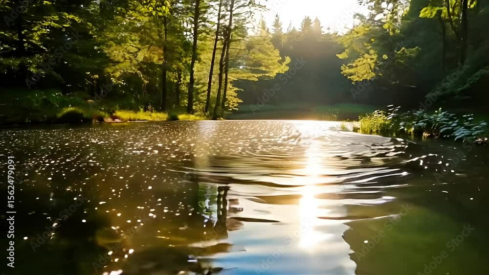 Relaxing scene of water flowing in a peaceful forest river during sunlight Relaxing scene of water flowing in a peaceful forest river during sunlight