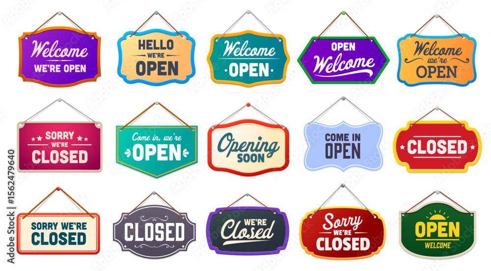 Obraz premium Shop notice signboard, open and closed board signs. Isolated vector displays signaling business availability. Informative banners conveying essential details about the store, for attracting customers