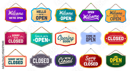 Shop notice signboard, open and closed board signs. Isolated vector displays signaling business availability. Informative banners conveying essential details about the store, for attracting customers