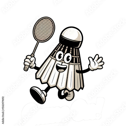 Exciting character holding a racket and shuttlecock in a playful running pose in a sports-themed design