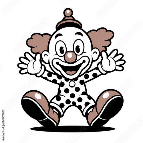 Cheerful clown with polka dot dress and vibrant hair welcomes children at a festive event