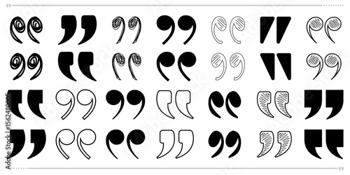 Quote mark set quotation inverted comma icon hand drawn outlined artistic design doodle drawing puntuation dialouge chatting sign symbol cartoon