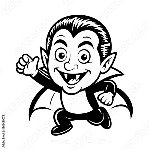 Cheerful cartoon vampire character in a tuxedo with a bat enjoying a playful moment outdoors