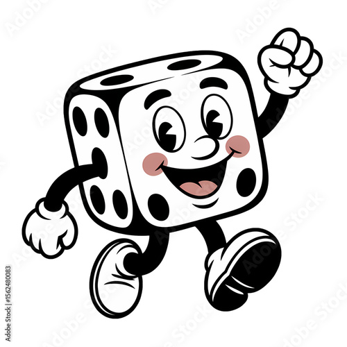 Cheerful cartoon dice character running joyfully with a raised fist in celebration and energy