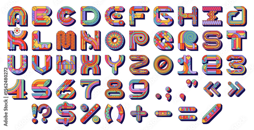 Groovy font, hippie funky typeface, retro letters type, english alphabet vector typography set. Groovy font abc letters and numbers with psychedelic geometric shapes pattern, hippie rainbow, flowers