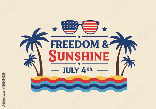 Celebrating Independence Day Freedom Sunshine with palm trees ocean waves and patriotic sunglasses Background