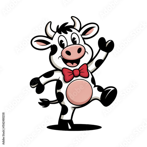 Cheerful cartoon cow waving with a bow tie in a playful pose, perfect for children's themes