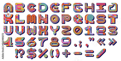 Groovy font, hippie funky typeface, retro letters type, english alphabet vector typography set. Groovy font abc letters and numbers with psychedelic geometric shapes pattern, hippie rainbow, flowers