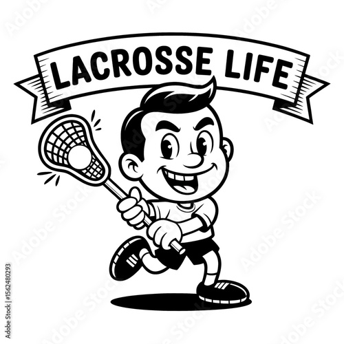 Young athlete playing lacrosse with determination and energy during a sunny day at the sports field