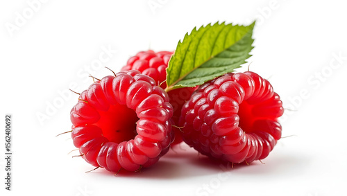 Raspberries with Green Leaf Isolated on a White Background for National Raspberry Day