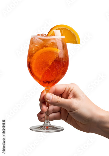 Hand holding aperol spritz cocktail with orange slice on transparent background, italian summer aperitivo