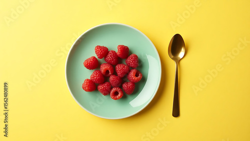 Raspberries on a plate and a spoon on a yellow background for National Raspberry Day