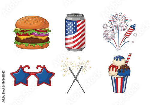 Celebrating Fourth of July with a festive burger fireworks and ice cream in patriotic party fun and