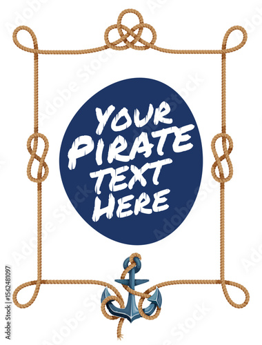 Sail ship rope frame with anchor. Vector navy nautical frame with cartoon border lines of marine ropes and vintage sailboat anchor. Ship mooring cable, string, cord or line with knots and loop corners