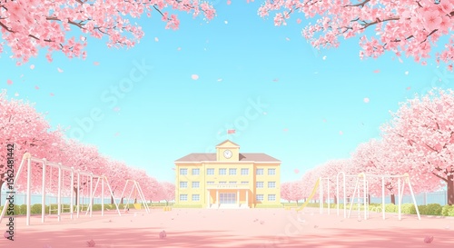 Beautiful anime school scene with cherry blossoms in spring for desktop wallpaper art