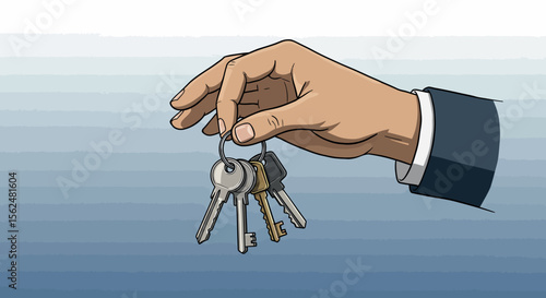 Hand holding a keyring with multiple keys in a detailed cartoon style