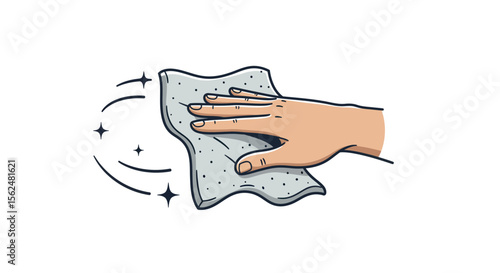 Hand wiping surface with cloth in simple line art style