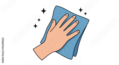 Hand wiping with cloth - simple cartoon art of cleaning gesture with blue towel and sparkles