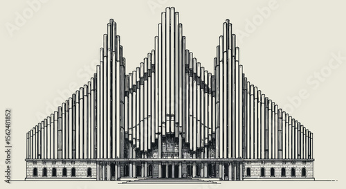 Architectural symmetry of modern cathedral featuring pipe organ design