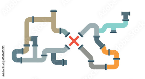 Flat style plumbing pipes with red x mark signifying incorrect connection
