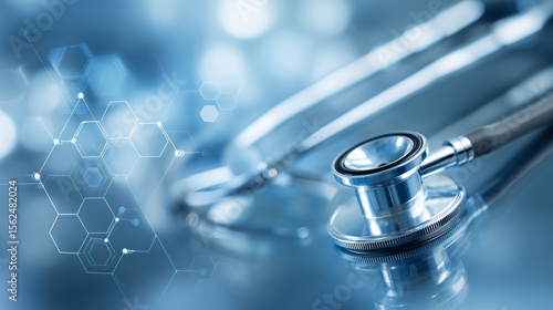 Clinical Medicine wallpaper showing a stethoscope placed on a reflective surface with a blue bokeh background. A hexagonal geometric pattern is superimposed over the background. Copy space, 16:9.